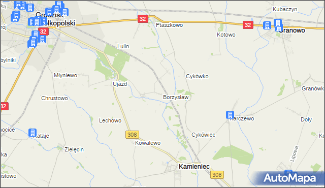 mapa Borzysław gmina Grodzisk Wielkopolski, Borzysław gmina Grodzisk Wielkopolski na mapie Targeo
