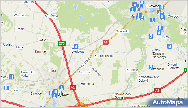 mapa Bratoszewice, Bratoszewice na mapie Targeo