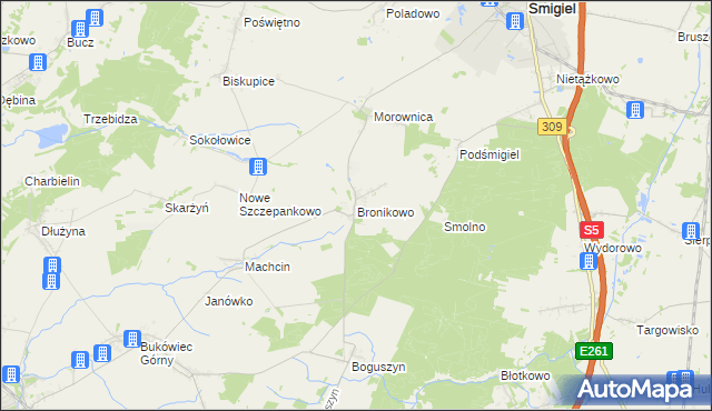 mapa Bronikowo gmina Śmigiel, Bronikowo gmina Śmigiel na mapie Targeo