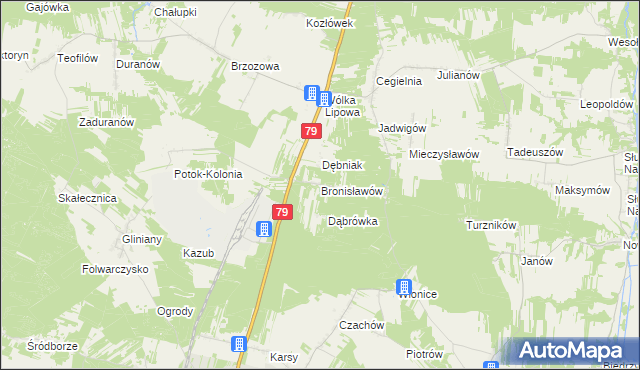 mapa Bronisławów gmina Tarłów, Bronisławów gmina Tarłów na mapie Targeo