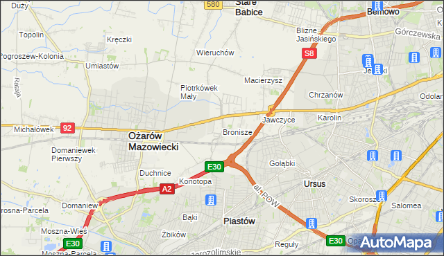 mapa Bronisze gmina Ożarów Mazowiecki, Bronisze gmina Ożarów Mazowiecki na mapie Targeo