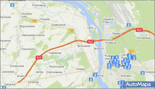 mapa Bronowice gmina Puławy, Bronowice gmina Puławy na mapie Targeo