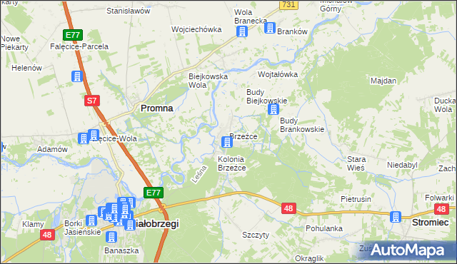 mapa Brzeźce gmina Białobrzegi, Brzeźce gmina Białobrzegi na mapie Targeo