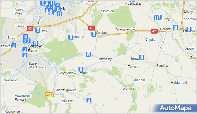 mapa Brzeziny gmina Praszka, Brzeziny gmina Praszka na mapie Targeo