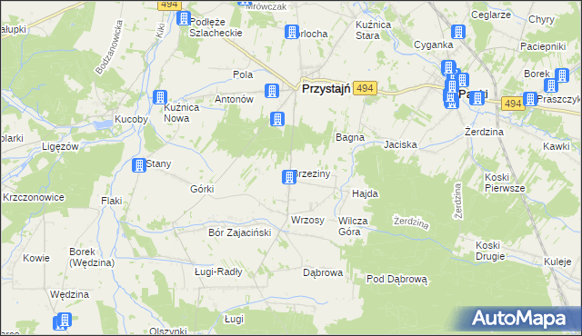 mapa Brzeziny gmina Przystajń, Brzeziny gmina Przystajń na mapie Targeo