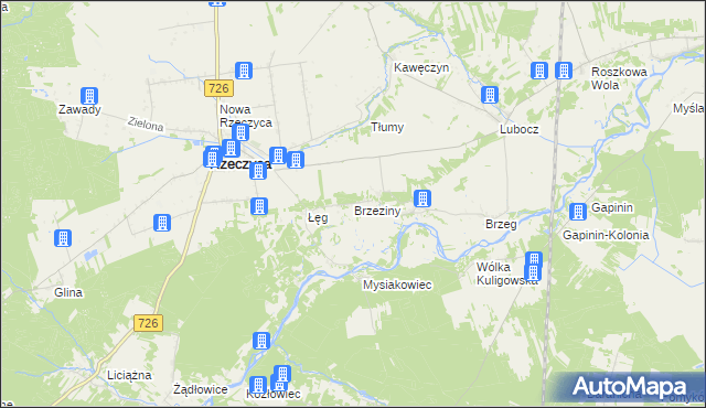 mapa Brzeziny gmina Rzeczyca, Brzeziny gmina Rzeczyca na mapie Targeo