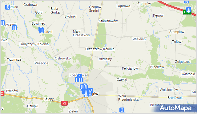 mapa Brzeziny gmina Uniejów, Brzeziny gmina Uniejów na mapie Targeo