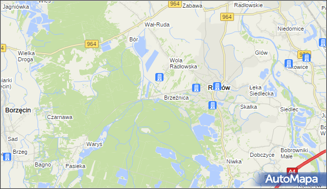 mapa Brzeźnica gmina Radłów, Brzeźnica gmina Radłów na mapie Targeo