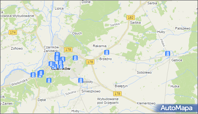 mapa Brzeźno gmina Czarnków, Brzeźno gmina Czarnków na mapie Targeo