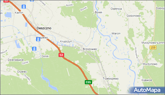 mapa Brzozowiec gmina Deszczno, Brzozowiec gmina Deszczno na mapie Targeo