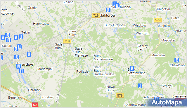 mapa Budy Michałowskie gmina Jaktorów, Budy Michałowskie gmina Jaktorów na mapie Targeo