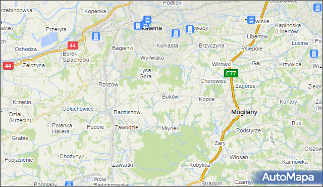 mapa Buków gmina Mogilany, Buków gmina Mogilany na mapie Targeo