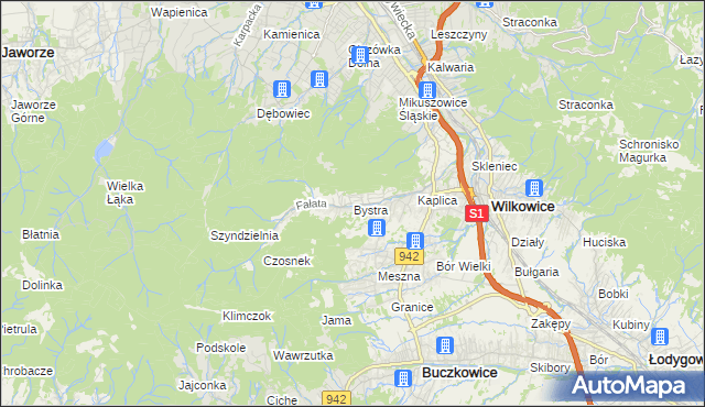 mapa Bystra gmina Wilkowice, Bystra gmina Wilkowice na mapie Targeo