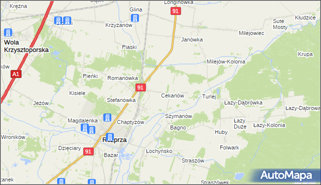 mapa Cekanów gmina Rozprza, Cekanów gmina Rozprza na mapie Targeo