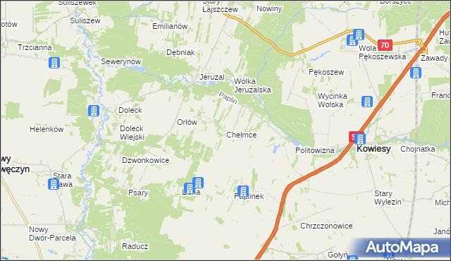 mapa Chełmce gmina Kowiesy, Chełmce gmina Kowiesy na mapie Targeo