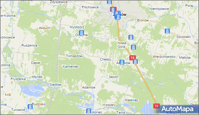 mapa Chełsty gmina Żarnów, Chełsty gmina Żarnów na mapie Targeo