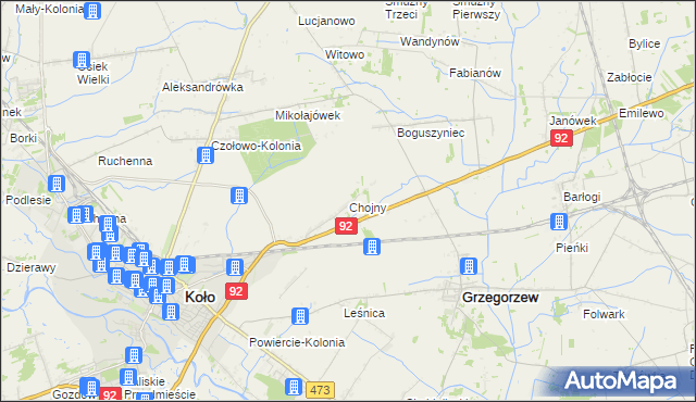 mapa Chojny gmina Koło, Chojny gmina Koło na mapie Targeo