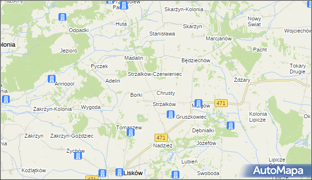 mapa Chrusty gmina Lisków, Chrusty gmina Lisków na mapie Targeo