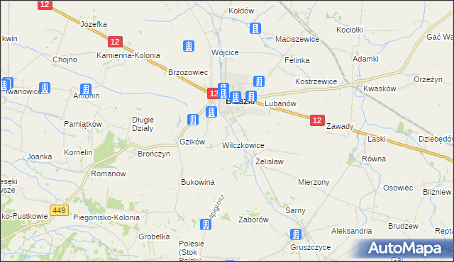 mapa Chrzanowice gmina Błaszki, Chrzanowice gmina Błaszki na mapie Targeo