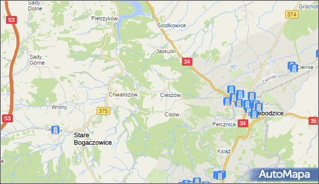mapa Cieszów gmina Stare Bogaczowice, Cieszów gmina Stare Bogaczowice na mapie Targeo