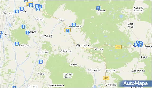 mapa Ciężkowice gmina Gidle, Ciężkowice gmina Gidle na mapie Targeo