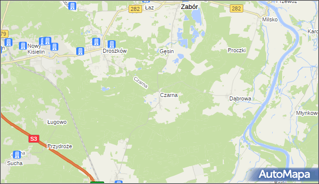 mapa Czarna gmina Zabór, Czarna gmina Zabór na mapie Targeo