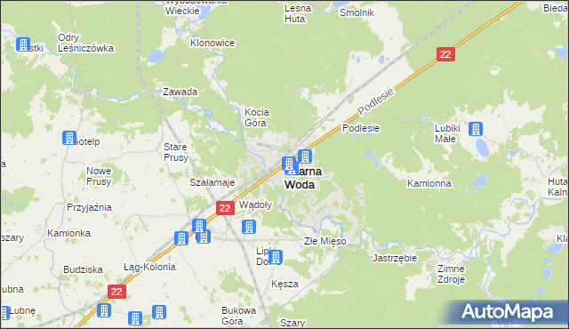 mapa Czarna Woda powiat starogardzki, Czarna Woda powiat starogardzki na mapie Targeo