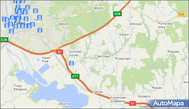 mapa Czechowo gmina Elbląg, Czechowo gmina Elbląg na mapie Targeo