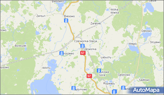 mapa Czerwonka gmina Biskupiec, Czerwonka gmina Biskupiec na mapie Targeo