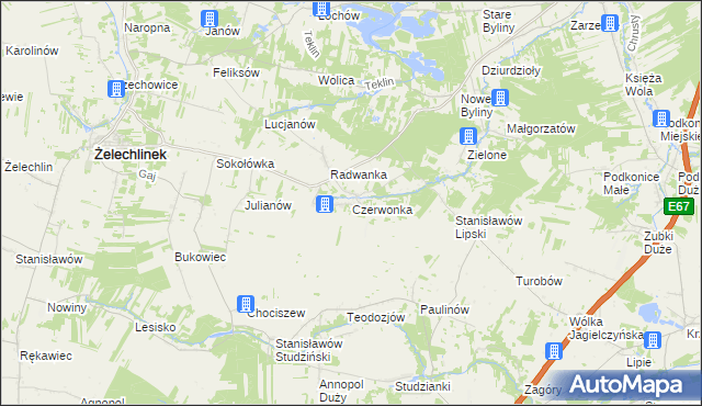 mapa Czerwonka gmina Żelechlinek, Czerwonka gmina Żelechlinek na mapie Targeo