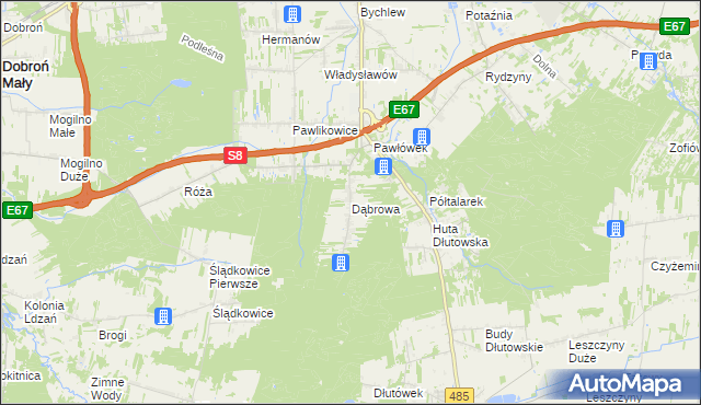 mapa Dąbrowa gmina Dłutów, Dąbrowa gmina Dłutów na mapie Targeo