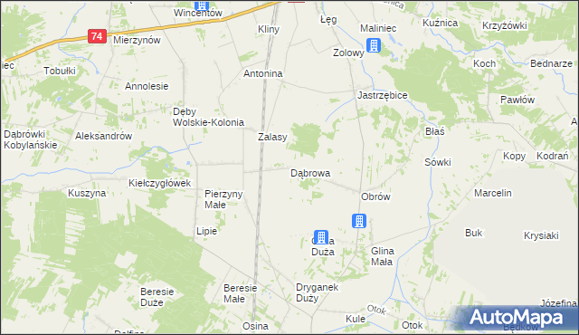 mapa Dąbrowa gmina Kiełczygłów, Dąbrowa gmina Kiełczygłów na mapie Targeo