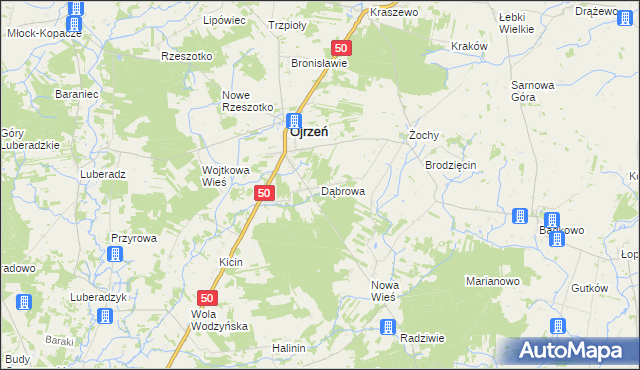 mapa Dąbrowa gmina Ojrzeń, Dąbrowa gmina Ojrzeń na mapie Targeo