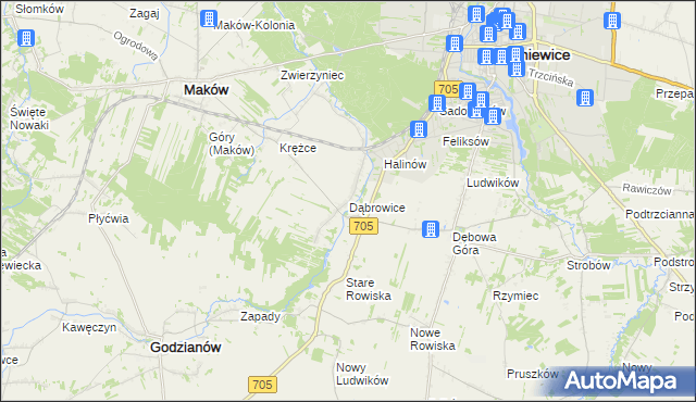 mapa Dąbrowice gmina Maków, Dąbrowice gmina Maków na mapie Targeo