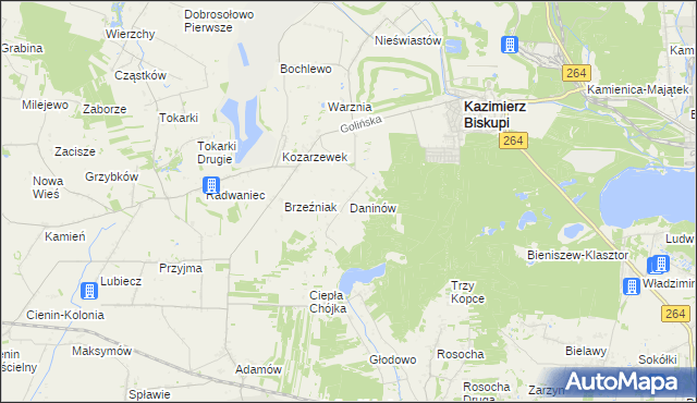 mapa Daninów gmina Kazimierz Biskupi, Daninów gmina Kazimierz Biskupi na mapie Targeo