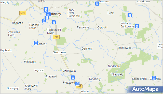 mapa Dębiany gmina Barciany, Dębiany gmina Barciany na mapie Targeo