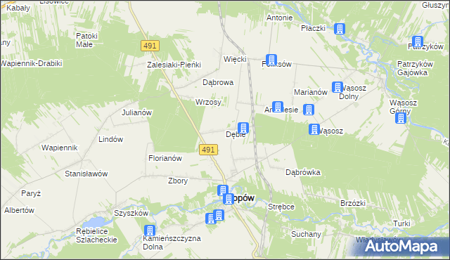 mapa Dębie gmina Popów, Dębie gmina Popów na mapie Targeo