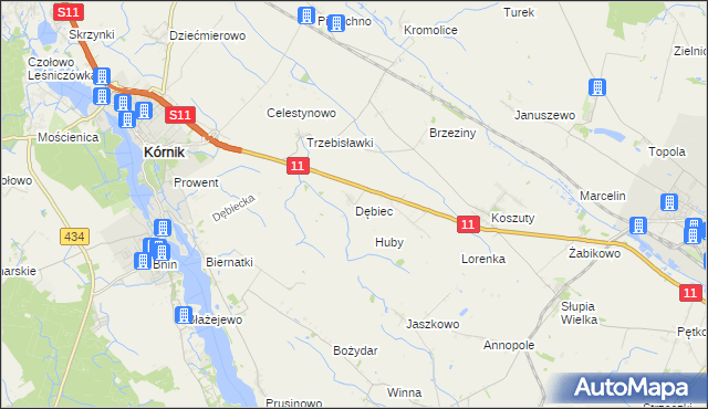 mapa Dębiec gmina Kórnik, Dębiec gmina Kórnik na mapie Targeo