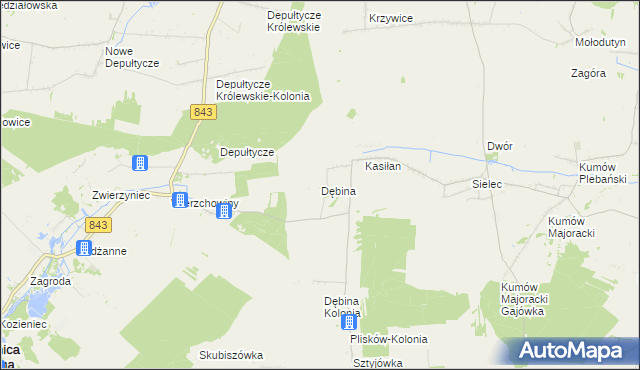 mapa Dębina gmina Leśniowice, Dębina gmina Leśniowice na mapie Targeo