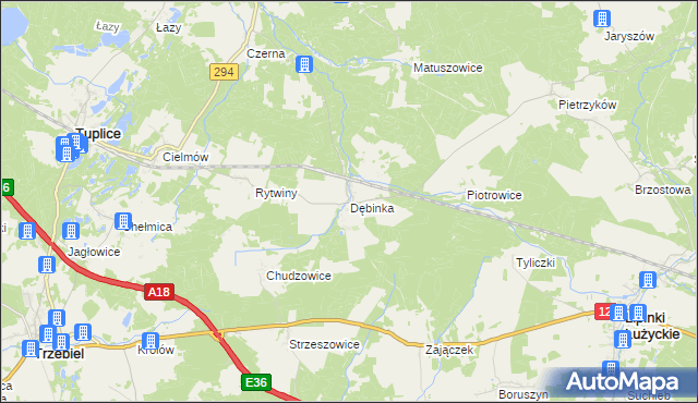mapa Dębinka gmina Trzebiel, Dębinka gmina Trzebiel na mapie Targeo