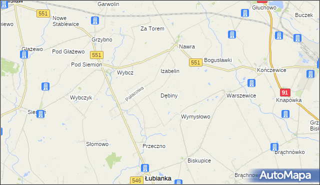 mapa Dębiny gmina Łubianka, Dębiny gmina Łubianka na mapie Targeo