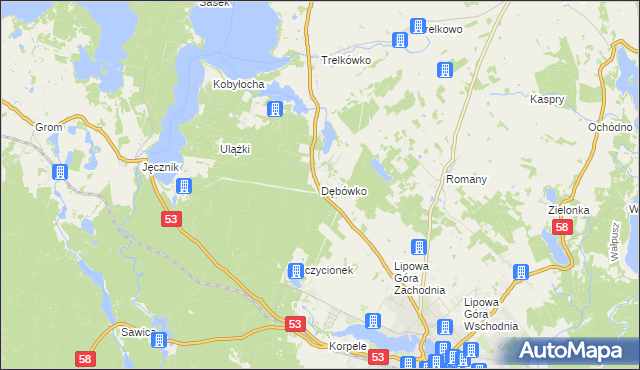 mapa Dębówko gmina Szczytno, Dębówko gmina Szczytno na mapie Targeo