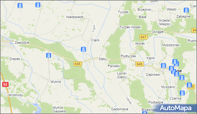 mapa Dęby gmina Łyse, Dęby gmina Łyse na mapie Targeo