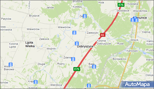 mapa Dobryszyce, Dobryszyce na mapie Targeo