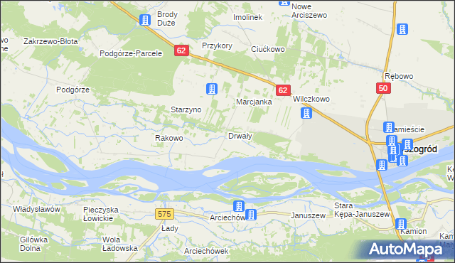 mapa Drwały gmina Wyszogród, Drwały gmina Wyszogród na mapie Targeo