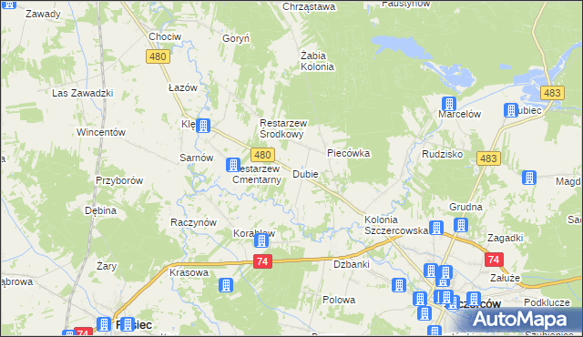 mapa Dubie gmina Szczerców, Dubie gmina Szczerców na mapie Targeo