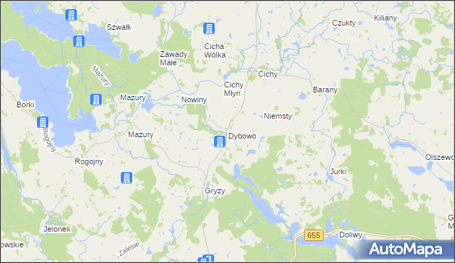 mapa Dybowo gmina Świętajno, Dybowo gmina Świętajno na mapie Targeo