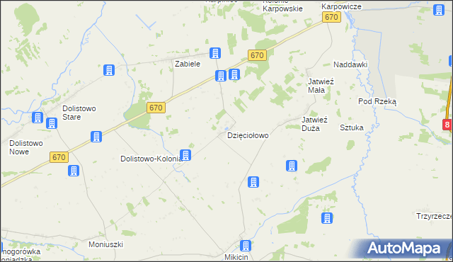 mapa Dzięciołowo gmina Jaświły, Dzięciołowo gmina Jaświły na mapie Targeo