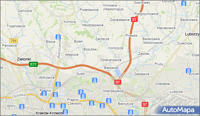 mapa Dziekanowice gmina Zielonki, Dziekanowice gmina Zielonki na mapie Targeo