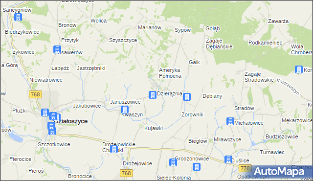 mapa Dzierążnia gmina Działoszyce, Dzierążnia gmina Działoszyce na mapie Targeo